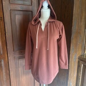 J Jill Fit Women Small Petite Rust V Neck Hooded Tunic Sweatshirt Pullover EUC
